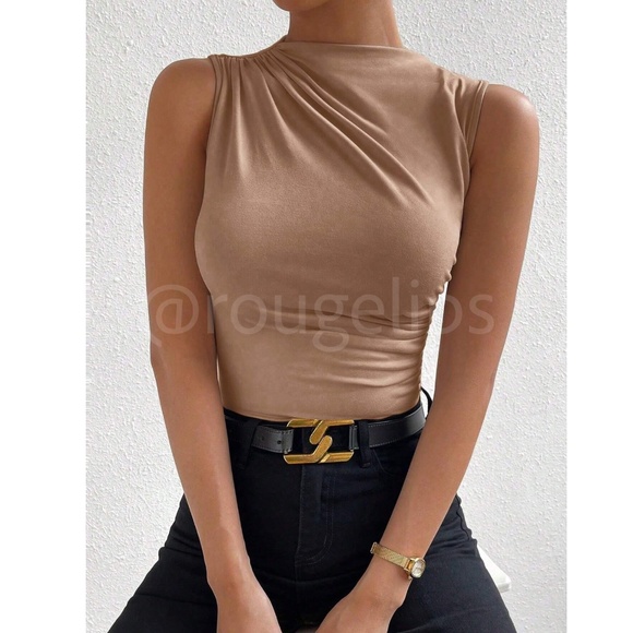 Ruched Khaki Asymmetrical Sleeveless Shirt Top Stretchy - Picture 7 of 9